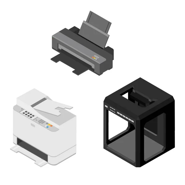 印刷厂的概念 3D打印机 激光打印高品质打印等距视图 被白色背景隔离 — 图库矢量图片