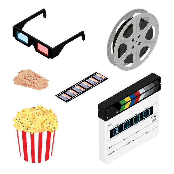 映画アイコンが設定されます 映画産業のオブジェクト 白を基調としたカラフルな映画イラスト 映画館のためのデザイン要素 ベクトル — ストックベクタ