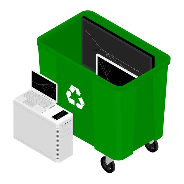 Déchets Électroniques Boîte Recyclage Verte Bac Avec Des Appareils Électriques — Image vectorielle