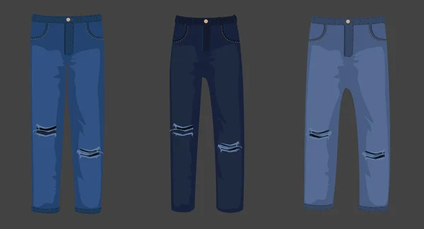 Set Med Blå Casual Jeans Byxor Mode Denim Kläder Isolerad — Stock vektor