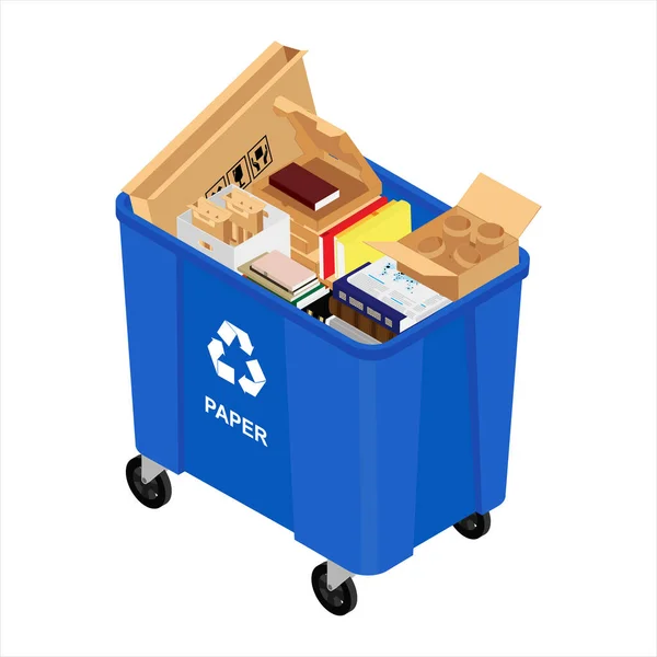 Blue Can Sorted Paper Garbage Vector Icon Recycling Garbage Separation — Stock Vector