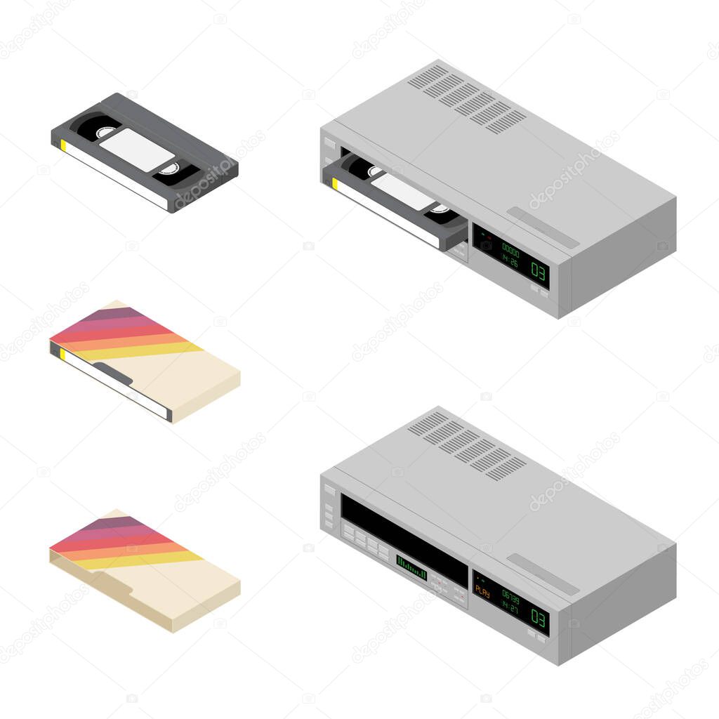 Retro old video recorder and vhs cassettes isolated on white background. Isometric view. Vector