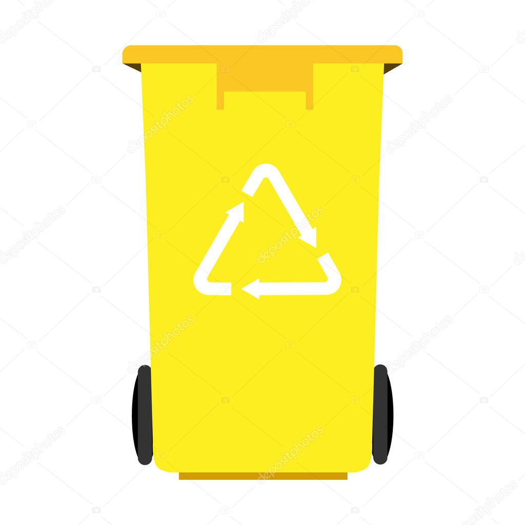 Raster yellow recycling bin with recycle logo isolated on white background