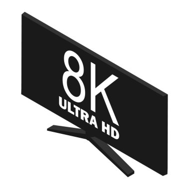 8K Ultra HD sembolü, yüksek çözünürlüklü 8K çözünürlük işareti, TV monitöründeki UHD beyaz arkaplan izole edilmiş. Isome Manzarası. raster
