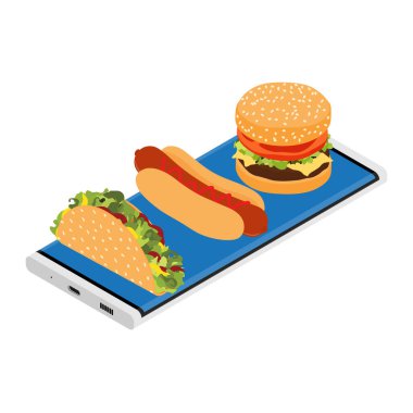 Uygulamalı telefon, yiyecek dağıtım ekranı. Akıllı telefon ekranında hamburger, sosisli ve taco.