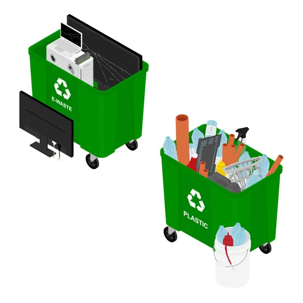 Cubos Basura Llenos Íconos Vectores Basura Ordenados Reciclar Recolección Separación — Vector de stock