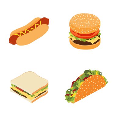 Fast food seti: sosisli sandviç, hamburger veya çizburger ve beyaz arka planda izole edilmiş geleneksel Meksika fast food taco 'su. Isome Manzarası. Vektör