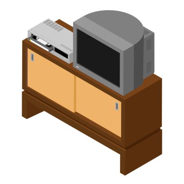 Eski TV alıcısı ve kaset kaydedicisi masa izometrik görüşünde. Beyaz arka planda izole edilmiş. Vektör