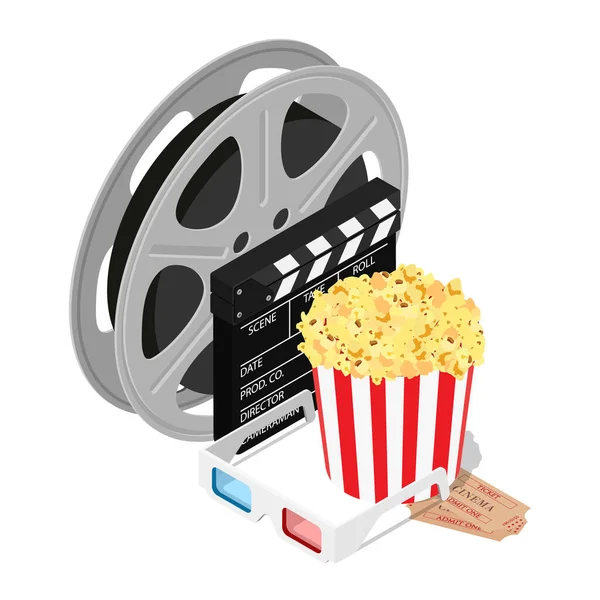 stock vector Online cinema art movie watching with claperboard, popcorn, 3d glasses and film-strip cinematography concept. Vector. Isometric view.