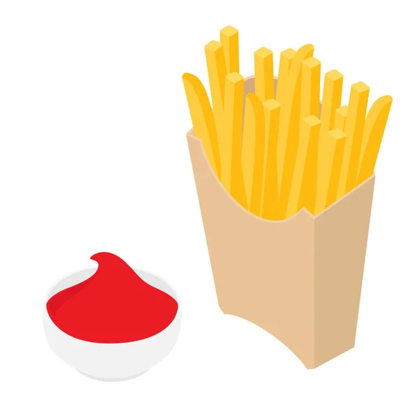 Pommes Frites Brun Papperslåda Kopp Med Ketchup Vit Bakgrund Isometrisk — Stockfoto