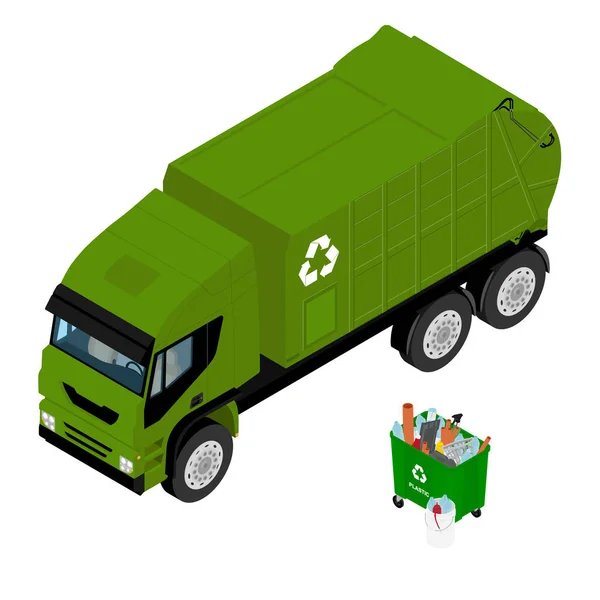 Trash in garbage can with sorted plastic garbage and garbage truck. Recycling garbage separation collection and recycled isolated on white background