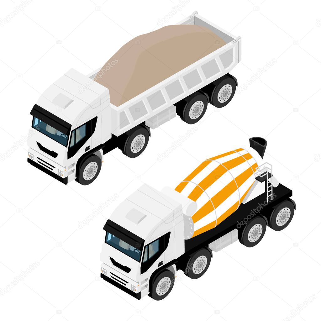 Dump truck full of soil and concrete cement truck. Isolated on white background. Isometric view. raster