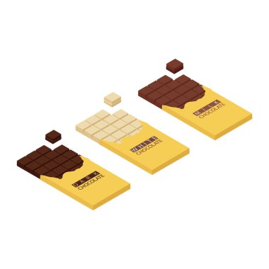 Beyaz arka planda izole edilmiş çikolatalar ve parçalar. Beyaz, siyah ve mil çikolatalı