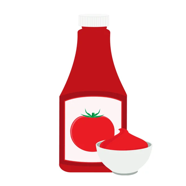 Ketchupflasche Und Tomatenketchup Einer Schüssel Isoliert Auf Weißem Hintergrund Tomatenketchup — Stockvektor