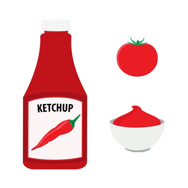 Rajčatový Kečup Horkou Chilli Paprikou Celé Červené Rajče Miska Rajčatovou — Stockový vektor