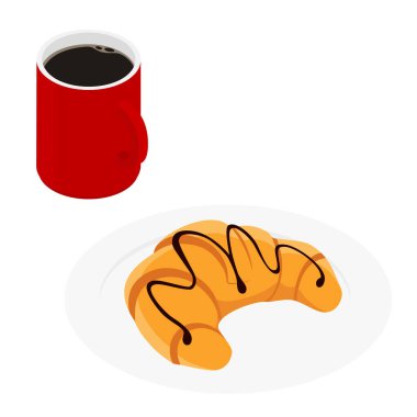 Beyaz arka planda izole edilmiş bir fincan kahve ve kruvasan. Isome Manzarası. Vektör