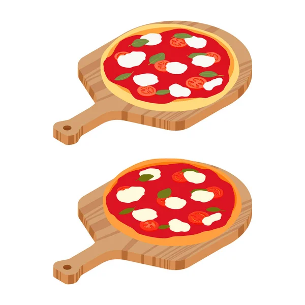 Pizza Margherita Papan Kayu Untuk Restoran Atau Pizzeria Pemandangan Isometrik - Stok Vektor