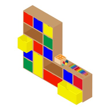 Küp modüler raf mobilyaları. Oyuncak düzenleyicisi beyaz arkaplan izometrik görünümünde izole edildi.