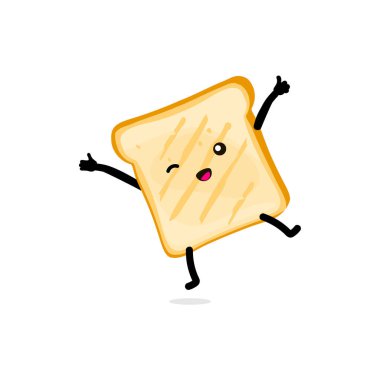 Sevimli mutlu çizgi film komik tost ikonu. Gülen tost ekmeği karakter çizimi tasarımı. Beyaz arkaplanda izole