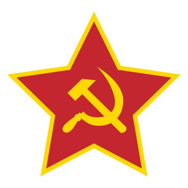 Vektör çizimi kırmızı beş köşeli yıldız, altın kenarı, çekiç ve orak beyaz arka planda izole edilmiş. SSCB sembolü