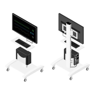 Hasta izometrik görünümü için hastane hayati belirtileri monitörü beyaz arkaplanda izole edildi