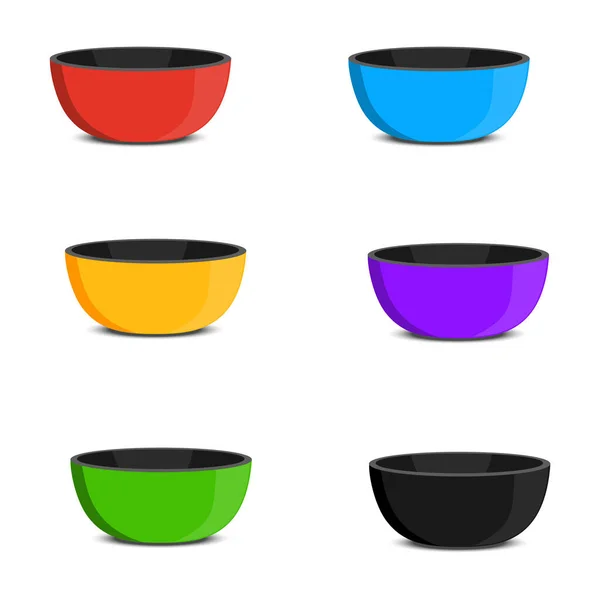 Empty Plastic Bowls Different Colors Shadows Isolated White Background Set — Stock Vector