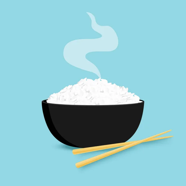 Arroz Tazón Con Palillo Aislado Sobre Fondo Azul Ilustración Vectorial — Vector de stock