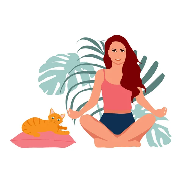 Mulher Meditando Gato Gengibre Bonito Deitado Travesseiro Ilustração Conceito Para —  Vetores de Stock