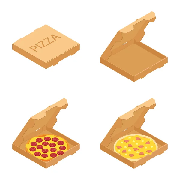 Набор Итальянской Пиццы Картонных Коробках Изолирован Белом Фоне Ресторанного Меню — стоковый вектор
