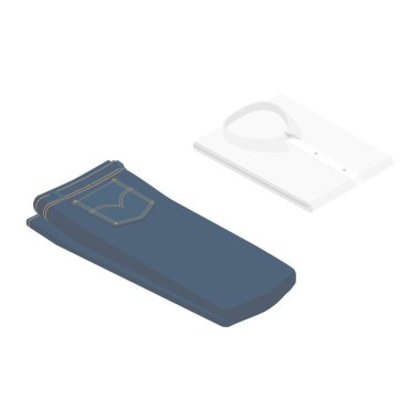 Mavi kot pantolon ve beyaz gömlek beyaz arka plan izometrik görüntüde izole olarak yatar. raster