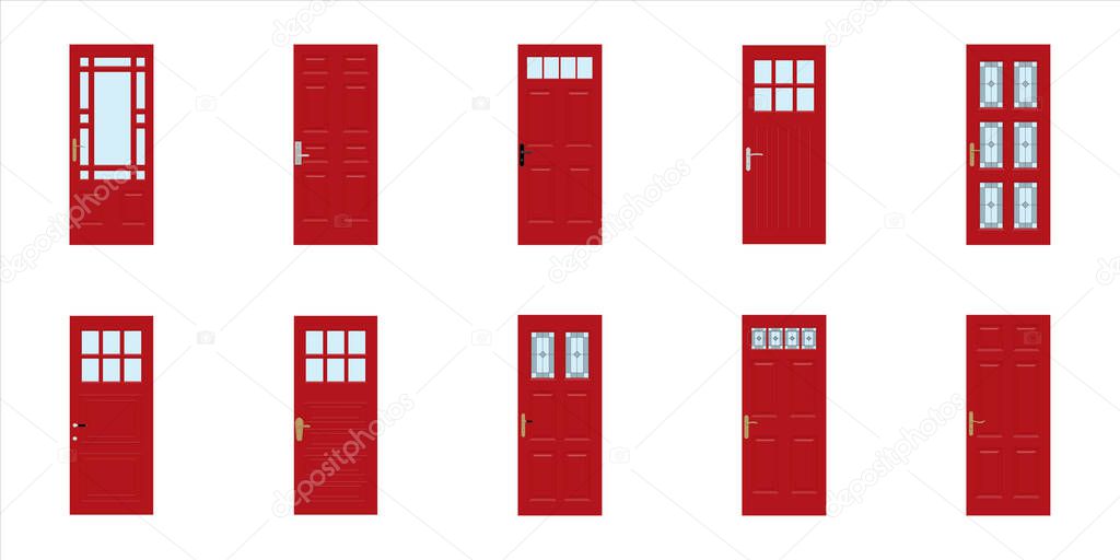 Front doors to houses and buildings set in flat design style isolated