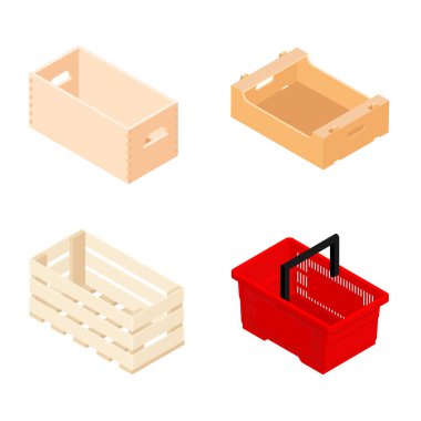 Hasır sepet, alışveriş sepeti ve ahşap market kutuları izometrik manzara, beyaz arka planda izole. Vektör