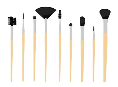 Profesyonel makyaj önleyici toz pudralı göz farı fırçaları beyaz arka planda izole edilmiş. Vektör