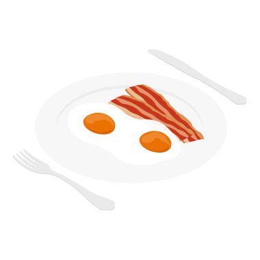 Tavada yumurta ve pastırma, çatal ve bıçakla. İngiliz Kahvaltı Festivali. Vektör