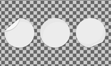 Yapışkan sembolleri daire içine al. Beyaz etiketler, kenarları soyulmuş yuvarlak çıkartmalar, izole edilmiş plastik tabela. Vektör