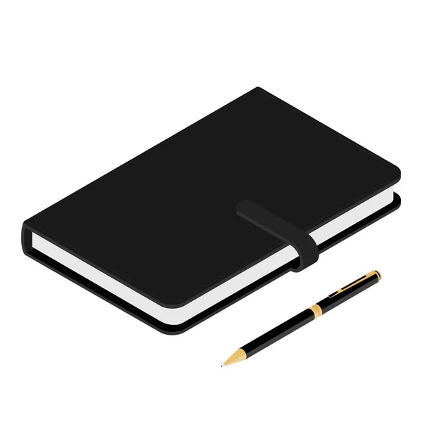 Cuaderno Cuero Negro Bloc Notas Bolígrafo Aislado Sobre Fondo Blanco — Vector de stock