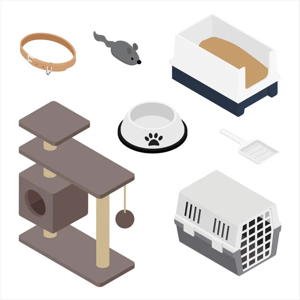 Pet accessories food bowl, collar, pet carrier, cat tree house with scratching post, toy and litter box raster icon set isometric view. — Stok fotoğraf