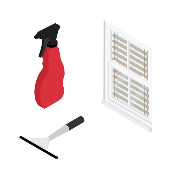 Rubber window glass squeegee, cleaner, bottle with spray and window — Foto de Stock