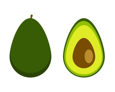 Beyaz arka planda iki parça avokado izole edilmiş. Çekirdekli bir dilim. Ürün etiketi için tasarım ögesi.