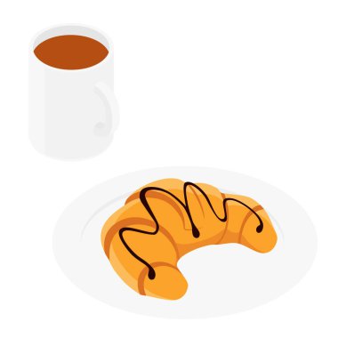 Fransız kahvaltı kruvasanı ve beyaz arka planda izole edilmiş bir fincan sıcak çay. Isome Manzarası. raster