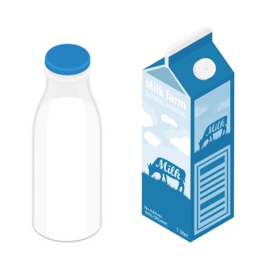 Süt farklı paketlerde: mavi kapaklı süt şişesi ve beyaz arka planda izole edilmiş süt kutusu. Isome Manzarası. raster
