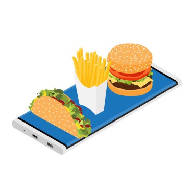 Fast food ekran uygulamalı telefon. Akıllı telefon ekranında hamburger, patates kızartması ve taco.