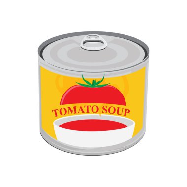 Beyaz arka planda izole edilmiş domates çorbası ile teneke kutu. Konserve yiyecekler. raster illüstrasyonu