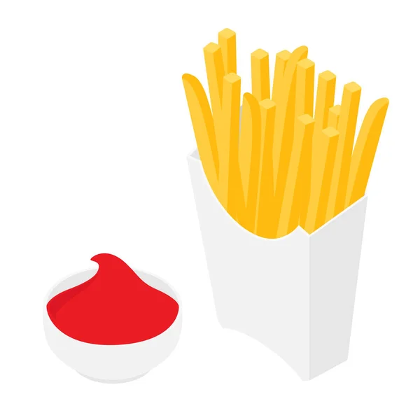 French Fries White Paper Box Cup Ketchup White Background Isometric — Stock Photo, Image