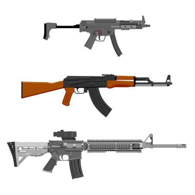 Silah koleksiyonu. Vektör illüstrasyon AK Kalaşnikov makineli tüfek, m-16 ve mp5 beyaz zemin üzerinde izole. 