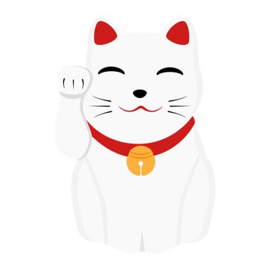 Maneki Neko kedisi beyaz arka planda izole edilmiş. Şans ve zenginlik sembolü. Vektör