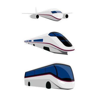 Vektör taşıma seti beyaz arkaplanda izole edildi. Ulaşım ve araç tasarımı. Otobüs, uçak ve tren.
