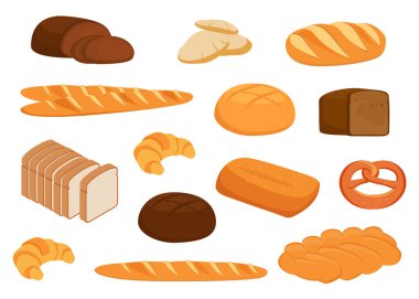 Vektör ekmek simgelerini ayarla. Çavdar, tam tahıl ve buğday ekmeği, pretzel, pide, ciabatta, kruvasan, simit, tost ekmeği, tasarım menüsü için Fransız ekmeği..