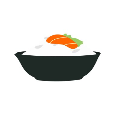 Beyaz arka planda izole edilmiş kasede pilavlı somon balığı. Vektör