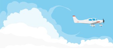 Bulutlu mavi gökyüzünde uçan küçük tek motorlu uçak. Vektör